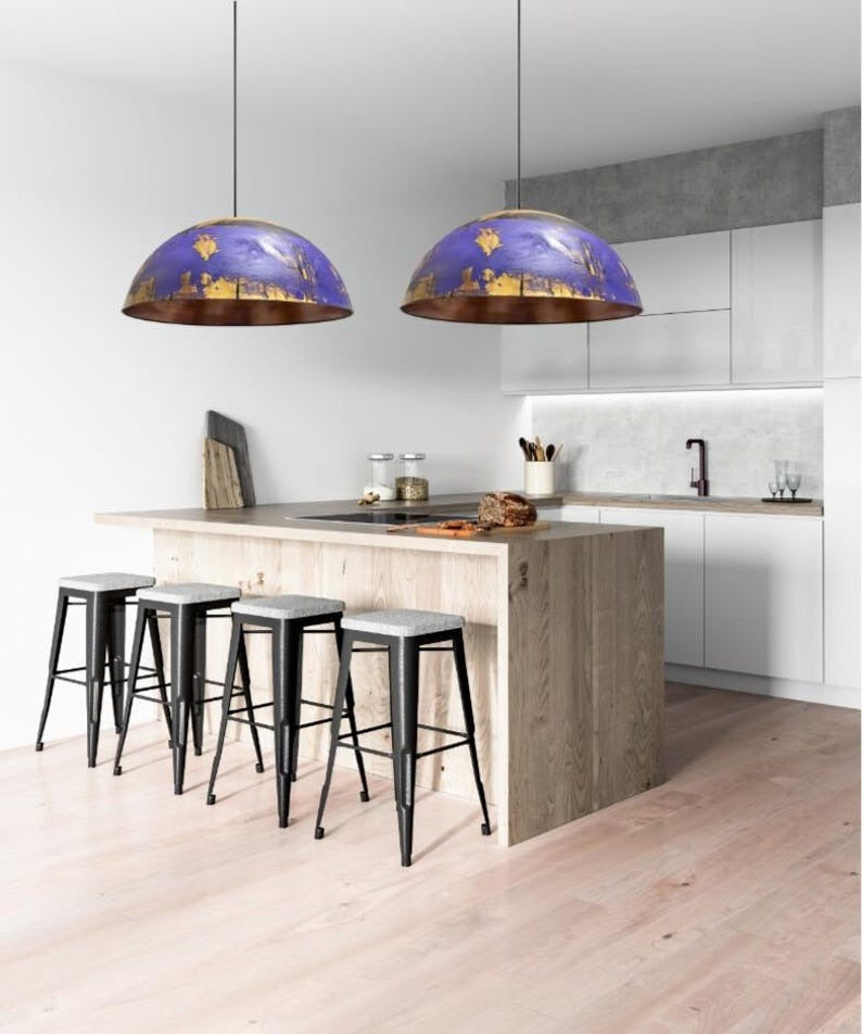 Purple & Gold Brass Dome Pendant Light – Hand-Finished Moroccan Kitchen Island Chandelier