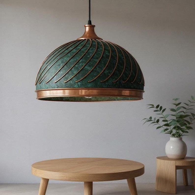 Ribbed Green Patina Copper Dome Pendant Light, Handmade Moroccan Verdigris Copper Chandelier, Rustic Kitchen Island Hanging Lamp, Boho Farmhouse Ceiling Light Fixture