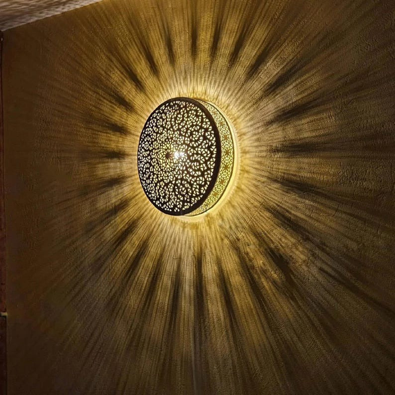 Handmade Moroccan Brass Round Wall Sconce – Pierced Mandala Disc Light with Radiating Sunburst Shadows for Bedroom, Hallway, Entryway & Living Room