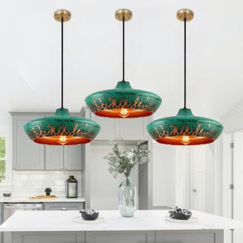 Handmade Green Patina Brass Pendant Light – Moroccan Saucer Dome Pendant Lamp with Hammered Brass Interior for Kitchen Island, Dining Room & Boho Home Décor