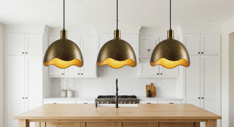 Hammered Brass Scalloped Dome Pendant Light – Gold Moroccan Kitchen Island Chandelier