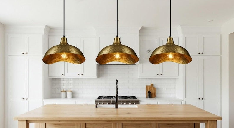 Hammered Brass Scalloped Dome Pendant Light – Gold Kitchen Island Chandelier with Artisan Finish