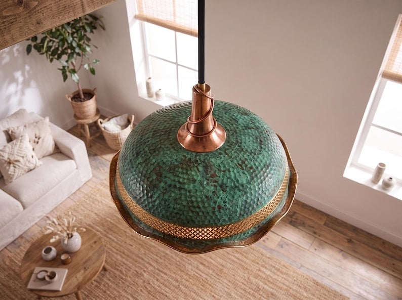 Verdigris & Copper Hammered Brass Pendant Light – Moroccan Pierced Dome Chandelier with Scalloped Edge