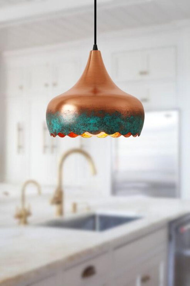 Handmade Copper Brass Pendant Light – Moroccan Scalloped Dome Pendant Lamp with Green Patina Edge for Kitchen Island, Dining Room & Boho Home Décor