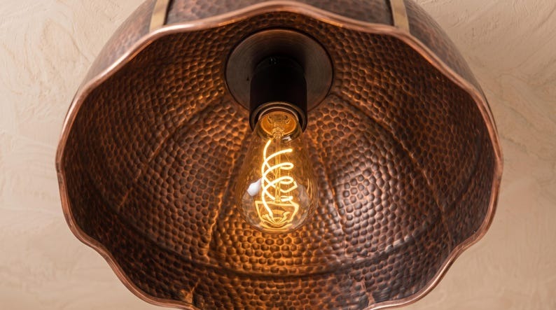 Handmade Brass Flush Mount Ceiling Light – Aged Copper Hammered Brass Scalloped Dome Fixture, Moroccan Rustic Farmhouse Ceiling Lamp