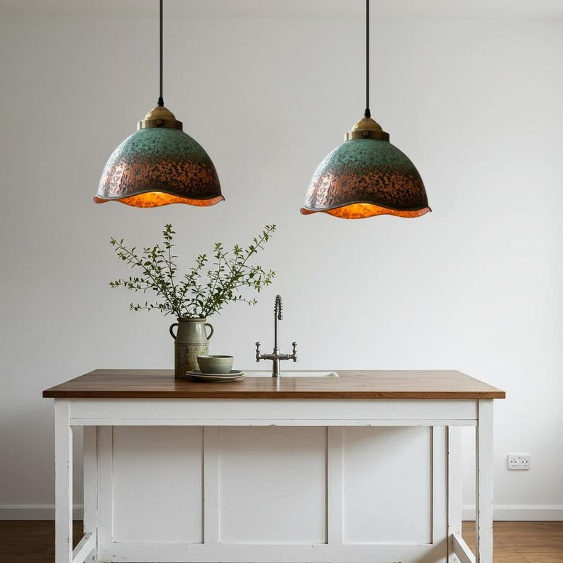 Verdigris Brass Bell Pendant Light – Aged Copper Scalloped Kitchen Island Chandelier