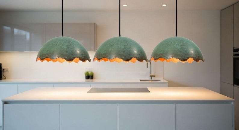 Handmade Moroccan Brass Dome Pendant Light – Turquoise Verdigris Patina Brass Hanging Lamp with Scalloped Edge, Warm Gold Interior Boho Ceiling Light for Kitchen Island, Dining Room & Living Room