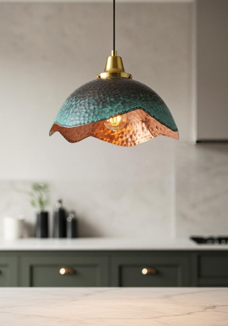 Verdigris Brass Scalloped Dome Pendant Light – Hammered Copper Kitchen Island Chandelier