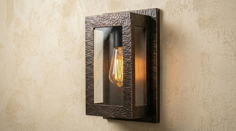 Handmade Brass Wall Sconce – Black Hammered Brass Box Lantern Wall Light with Glass Panels, Moroccan Rustic Industrial Wall Lamp Fixture