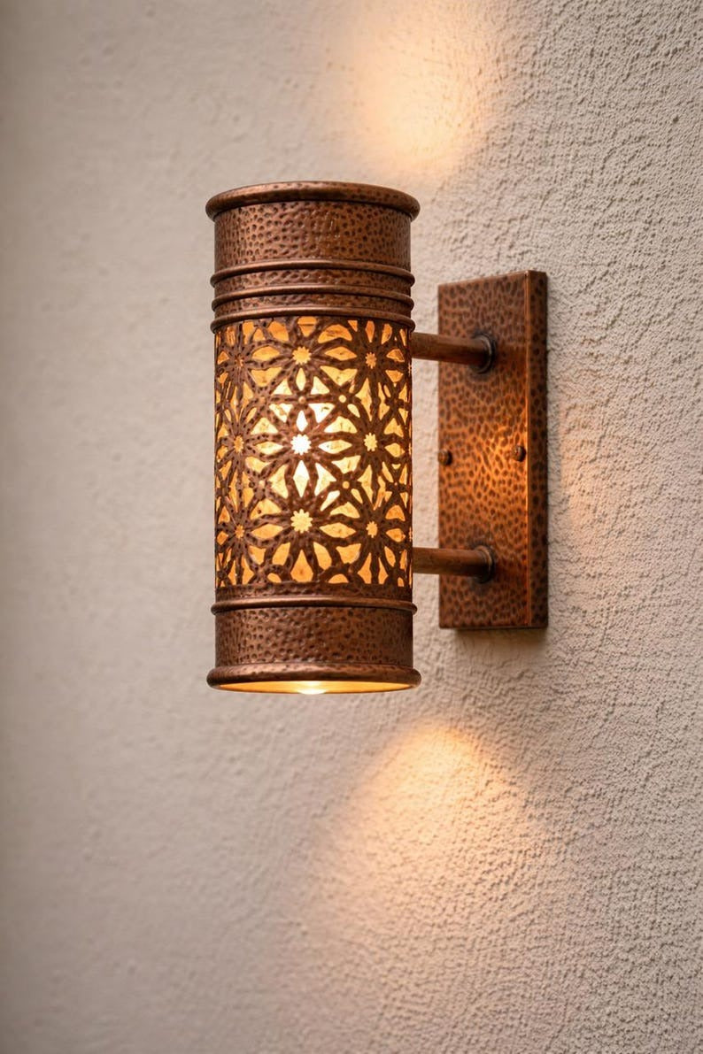 Moroccan Hammered Brass Wall Sconce – Pierced Floral Cylinder Light with Antique Copper Finish