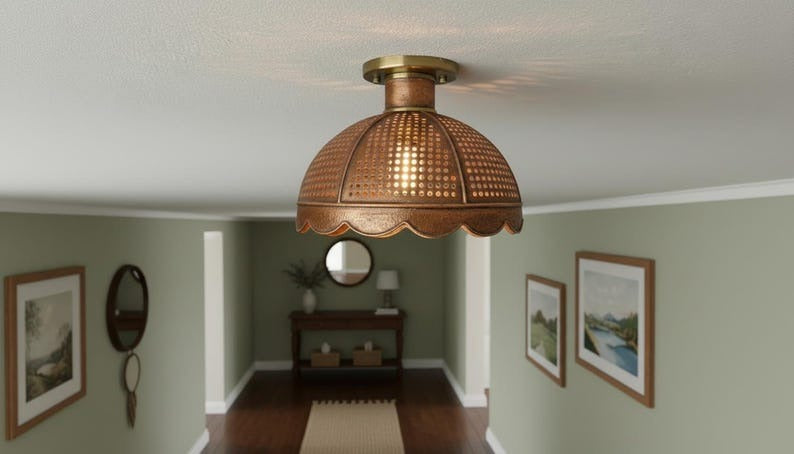 Handmade Moroccan Brass Semi-Flush Mount Ceiling Light – Pierced Antique Copper Dome Lamp with Scalloped Edge