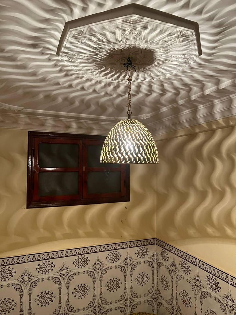Handmade Moroccan Brass Dome Pendant Light – Pierced Brass Shadow Ceiling Lamp with Flame Cutout Pattern, Boho Moroccan Hanging Light for Dining Room, Kitchen Island, Bedroom, Entryway & Living Room