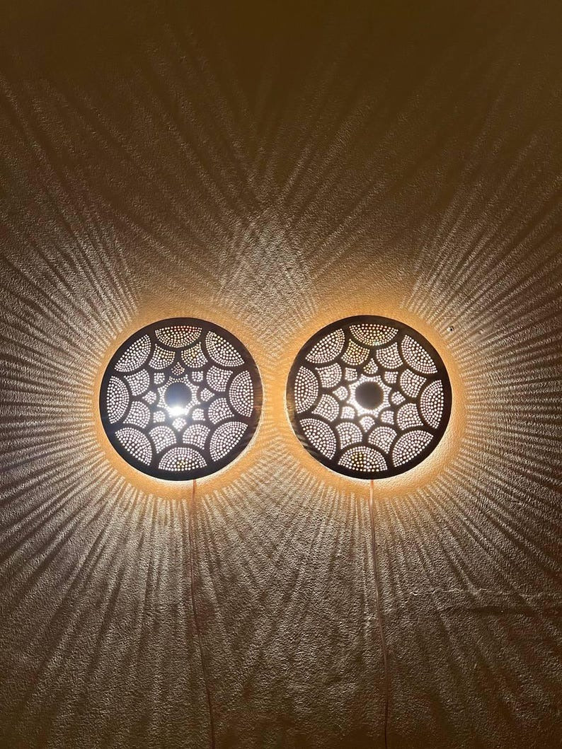Handmade Moroccan Brass Wall Sconce – Round Pierced Metal Shadow Lamp with Fish Scale Pattern for Hallway, Bedroom & Boho Home Décor