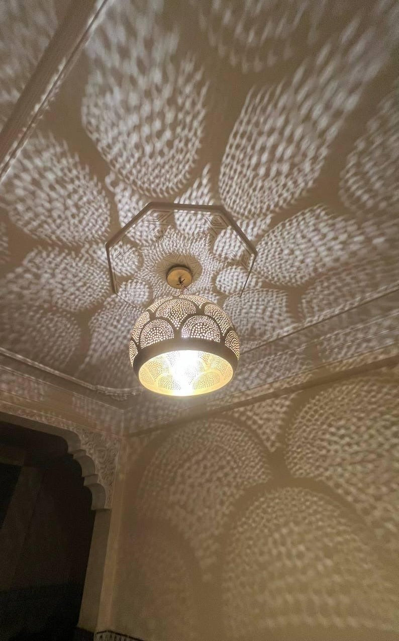 Handmade Moroccan Brass Pendant Light – Pierced Brass Shadow Lamp with Fish Scale Pattern for Bedroom, Entryway, Hallway & Boho Home Décor