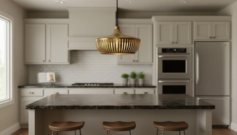Handmade Moroccan Brass Pendant Light – Slatted Basket Ceiling Lamp with Antique Gold Finish, Modern Kitchen Island Fixture