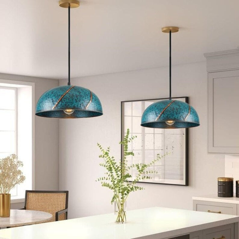 Handmade Blue Patina Brass Pendant Light – Moroccan Dome Hanging Lamp with Copper Slit Details for Kitchen Island, Dining Room & Boho Home Décor