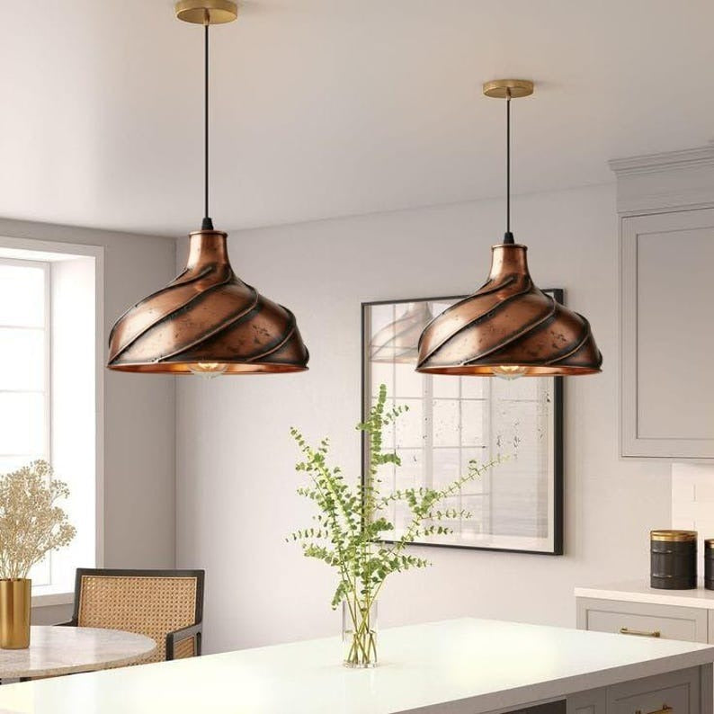 Handmade Copper Brass Pendant Light – Moroccan Spiral Ribbed Dome Hanging Lamp with Warm Gold Interior for Kitchen Island, Dining Room & Boho Home Décor