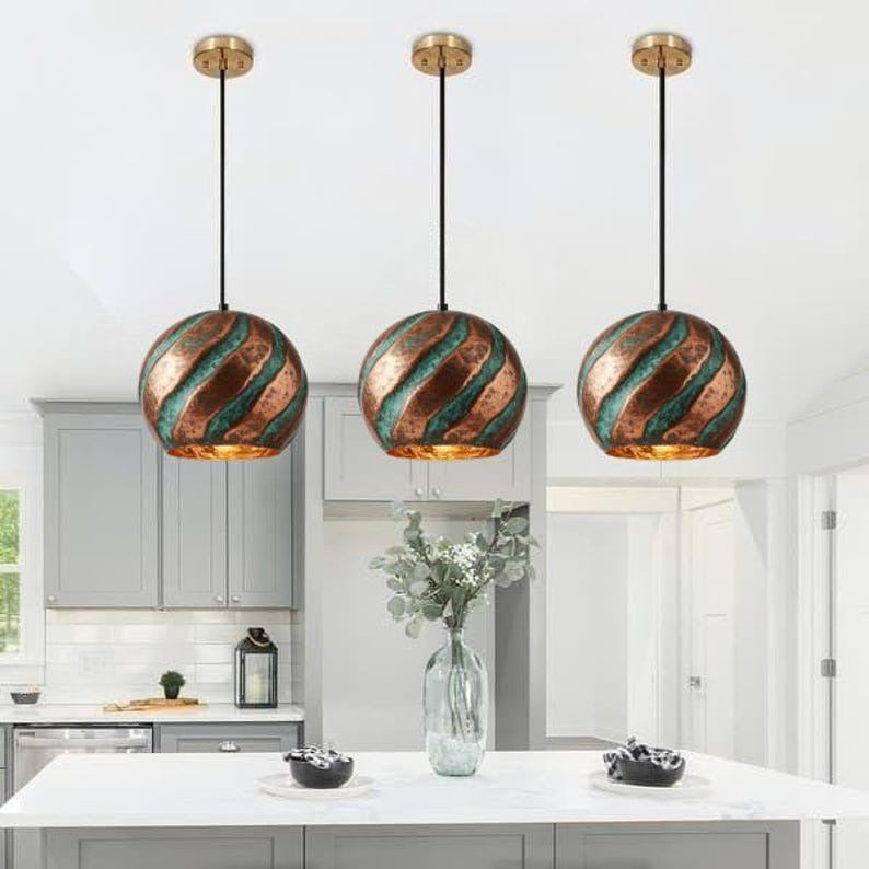 Handmade Copper & Green Patina Brass Pendant Light – Moroccan Spiral Dome Hanging Lamp with Warm Gold Interior for Kitchen Island, Dining Room & Boho Home Décor