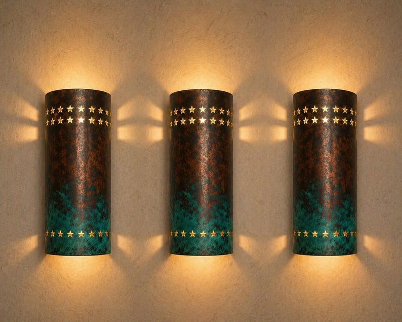 Verdigris Brass Star Wall Sconce – Copper Moroccan Up & Down Light with Pierced Star Cutouts