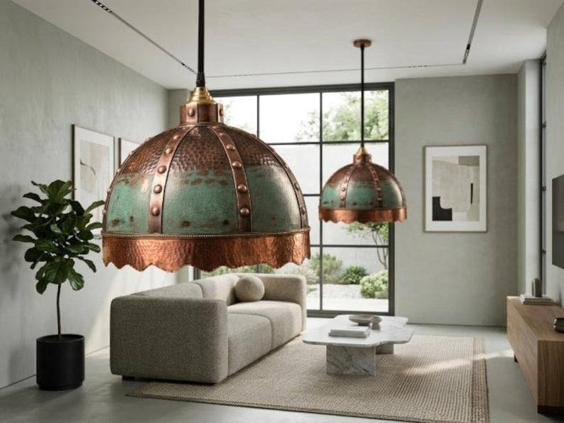 Verdigris & Copper Riveted Brass Dome Pendant Light – Moroccan Scalloped Statement Chandelier