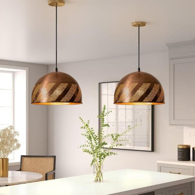 Handmade Hammered Brass Pendant Light – Moroccan Copper Dome Hanging Lamp with Black Diagonal Stripe Pattern for Kitchen Island, Dining Room & Boho Home Décor