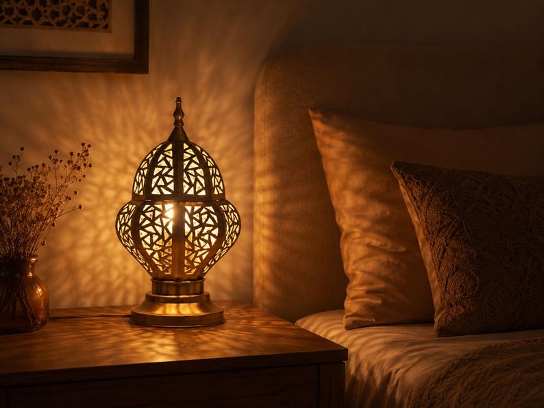 Handmade Moroccan Brass Table Lamp – Ornate Pierced Lantern with Geometric Moorish Cutouts, Antique Gold Bedside Light for Bedroom, Living Room & Entryway