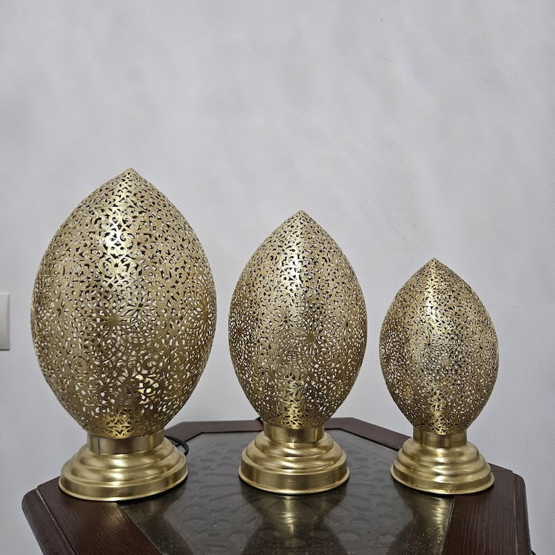 Handmade Moroccan Brass Table Lamp – Pierced Teardrop Lantern with Floral Rosette & Geometric Cutouts, Moorish Ambient Bedroom & Living Room Light