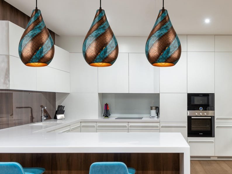 Blue Patina Hammered Copper Teardrop Pendant Light, Handmade Moroccan Spiral Copper Hanging Lamp, Rustic Verdigris Boho Chandelier, Artisan Copper Ceiling Light for Kitchen, Dining Room, Entryway and Restaurant Decor
