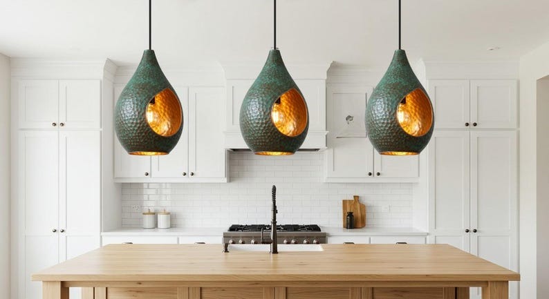 Verdigris Brass Teardrop Pendant Light – Hammered Copper Moroccan Kitchen Island Chandelier