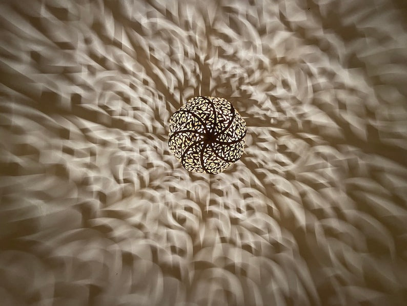 Moroccan Pierced Brass Teardrop Pendant Light – Ornate Filigree Chandelier with Dramatic Shadow Pattern