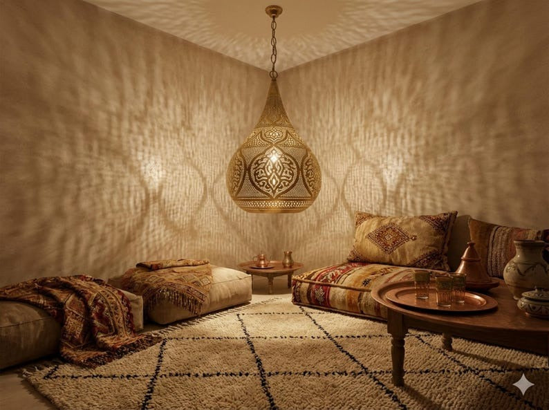 Moroccan Pierced Brass Teardrop Pendant Light – Large Filigree Lantern Chandelier with Shadow Pattern
