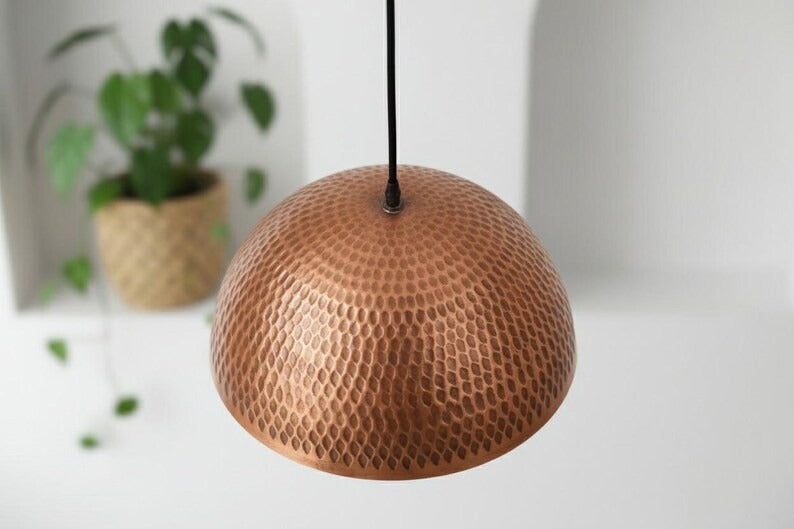 Handmade Moroccan Brass Dome Pendant Light – Hammered Copper Brass Hanging Lamp with Textured Scale Pattern, Warm Boho Mediterranean Ceiling Light for Kitchen Island, Dining Room & Living Room