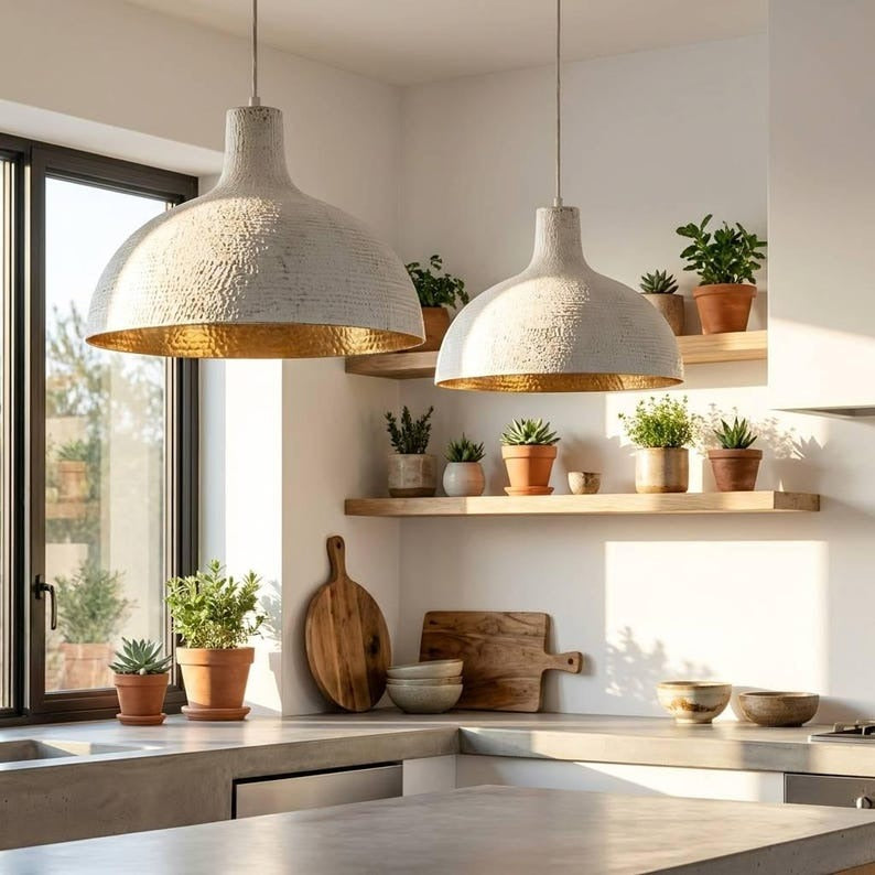 Handmade Moroccan Brass Dome Pendant Light – Textured Whitewashed Brass Hanging Lamp with Warm Gold Interior, Large Modern Boho Ceiling Light for Kitchen Island, Dining Room & Living Room