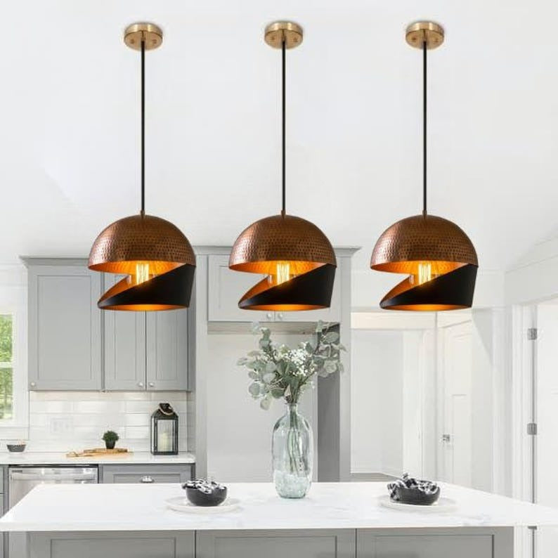 Handmade Two Tone Brass Pendant Light – Moroccan Copper & Black Cutaway Dome Hanging Lamp with Warm Gold Interior for Kitchen Island, Dining Room & Boho Home Décor