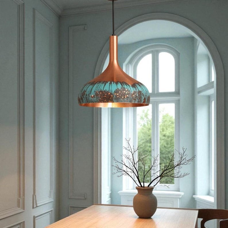 Turquoise Patina Copper Pendant Light, Handmade Hammered Dome Ceiling Lamp, Rustic Moroccan Kitchen Island Chandelier