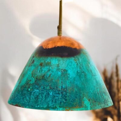 Turquoise Green Patina Copper Cone Pendant Light, Handmade Moroccan Verdigris Hanging Lamp, Rustic Copper Kitchen Island Chandelier, Boho Farmhouse Ceiling Light Fixture