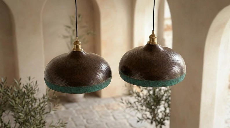 Handmade Moroccan Brass Pendant Light – Hammered Dark Bronze Dome with Turquoise Verdigris Band and Warm Copper Interior