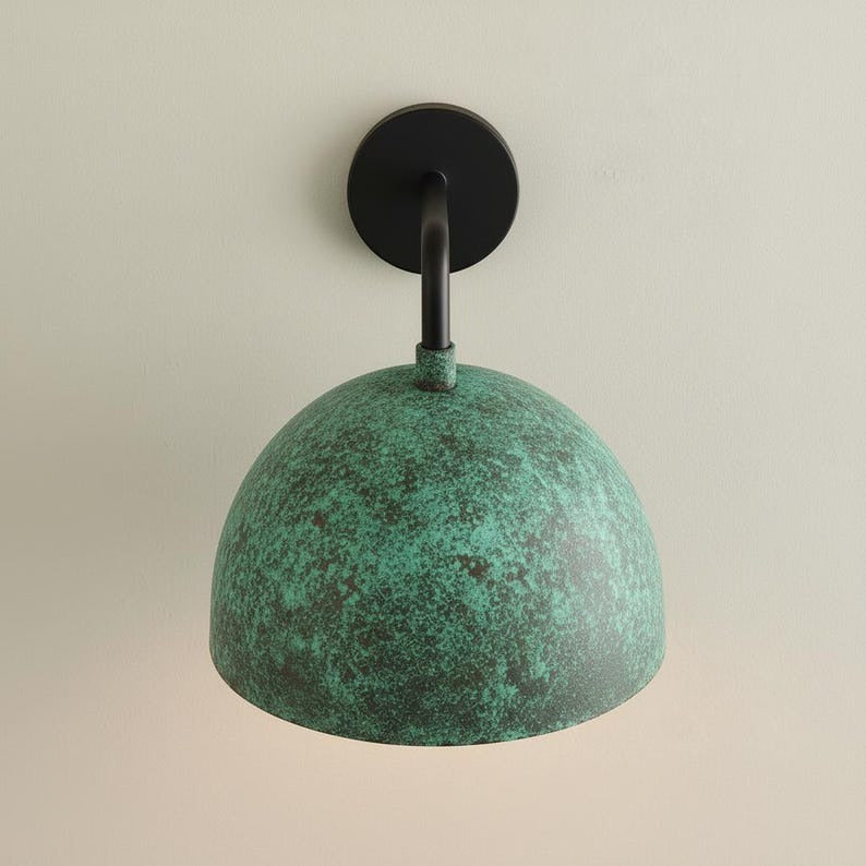 Handmade Brass Wall Sconce Light – Turquoise Patina Dome Moroccan Wall Lamp, Black Arm Bedside Sconce, Rustic Bathroom Vanity & Hallway Fixture