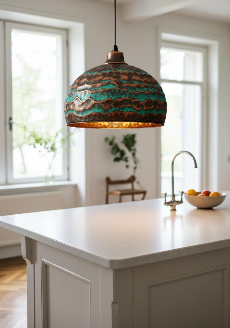 Verdigris Brass Dome Pendant Light – Hammered Copper Kitchen Island Chandelier with Turquoise Patina