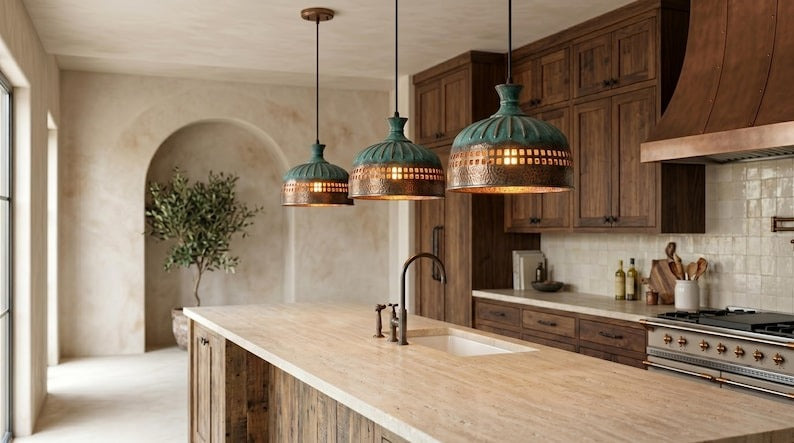Handmade Moroccan Brass Pendant Light – Hammered Dome with Turquoise Verdigris Ribbed Top and Geometric Cutout Band