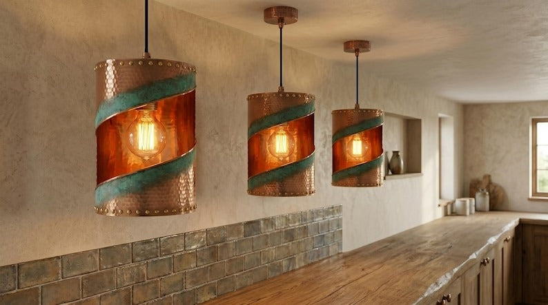 Handmade Brass Moroccan Cylinder Pendant Light – Copper Hammered Brass Hanging Lamp with Verdigris Green Patina Spiral Cutout, Rustic Boho Ceiling Fixture