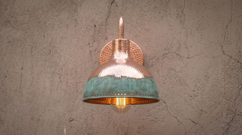 Handmade Brass Wall Sconce – Copper & Verdigris Green Patina Dome Wall Light, Moroccan Rustic Farmhouse Brass Wall Lamp Fixture