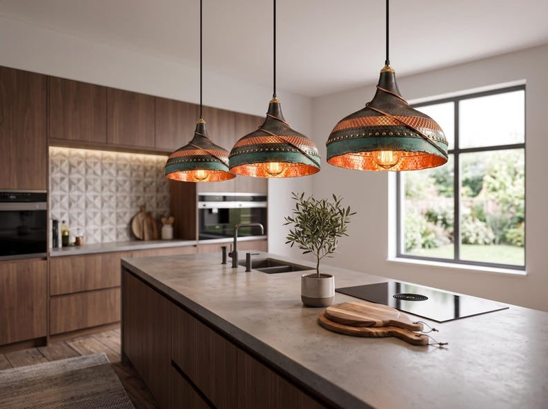 Verdigris & Copper Moroccan Brass Pendant Light – Riveted Lattice Dome Chandelier with Warm Interior Glow