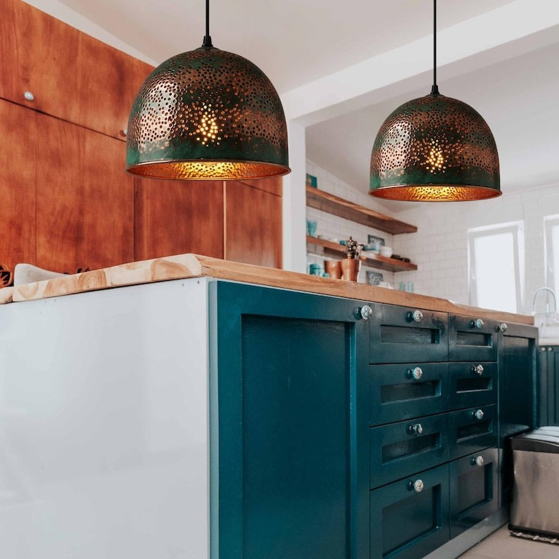 Handmade Moroccan Brass Dome Pendant Light – Hammered Copper and Green Verdigris Hanging Lamp with Pierced Starburst Pattern and Warm Brass Interior for Kitchen Island, Dining Room & Living Room