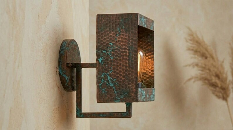 Handmade Brass Moroccan Wall Sconce – Square Box Hammered Brass Wall Light with Verdigris Patina, Rustic Industrial Wall Lamp Fixture
