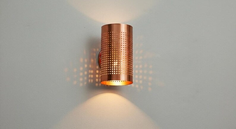 Handmade Brass Cylinder Wall Sconce Light – Copper Moroccan Wall Lamp, Pierced Brass Up Down Light, Rustic Bathroom Vanity & Hallway Fixture