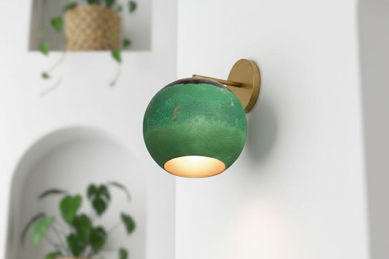 Handmade Moroccan Brass Globe Wall Sconce – Green Verdigris Patina Brass Wall Light with Antique Gold Arm, Modern Boho Bedside Lamp for Bedroom, Hallway, Bathroom & Entryway