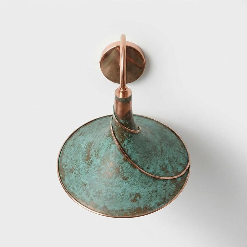 Handmade Moroccan Brass Wall Sconce – Green Verdigris Cone Wall Light with Sculptural Copper Spiral and Curved Gooseneck Arm for Bedroom, Kitchen, Hallway & Entryway