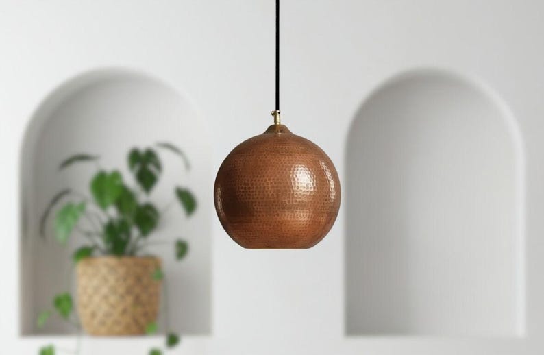 Handmade Moroccan Brass Globe Pendant Light – Hammered Copper Brass Hanging Lamp, Warm Boho Mediterranean Ceiling Light for Kitchen Island, Dining Room, Bedroom & Entryway