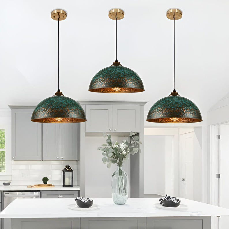 Handmade Green Patina Brass Pendant Light – Moroccan Hammered Dome Hanging Lamp with Warm Copper Brass Interior for Kitchen Island, Dining Room & Boho Home Décor